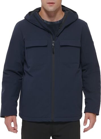 DKNY Men's Performance Tech Hooded Modern Storm Coat, Navy in Saudi Arabia