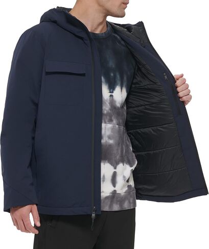 DKNY Men's Performance Tech Hooded Modern Storm Coat, Navy in Saudi Arabia