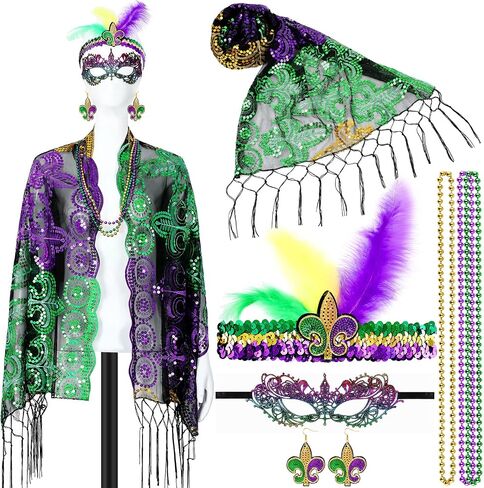 Geyoga 5 Packs Mardi Gras Outfit for Women, Mardi Gras Costume Accessories Set, Beads Necklaces Shawl Scarf Feather Headband Dangle Earrings Masquerade Eye Mask Carnival Costumes in Saudi Arabia