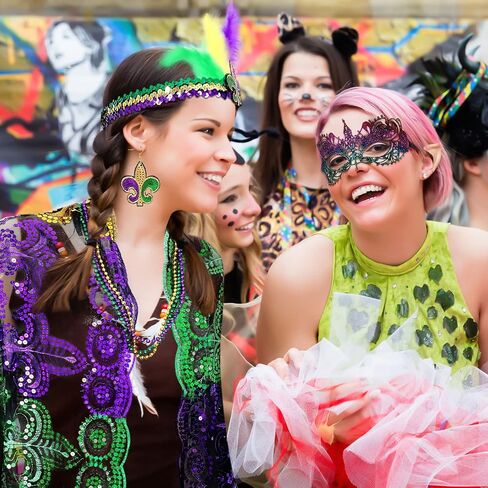 Geyoga 5 Packs Mardi Gras Outfit for Women, Mardi Gras Costume Accessories Set, Beads Necklaces Shawl Scarf Feather Headband Dangle Earrings Masquerade Eye Mask Carnival Costumes in Saudi Arabia