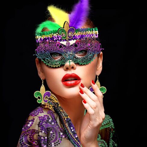 Geyoga 5 Packs Mardi Gras Outfit for Women, Mardi Gras Costume Accessories Set, Beads Necklaces Shawl Scarf Feather Headband Dangle Earrings Masquerade Eye Mask Carnival Costumes in Saudi Arabia