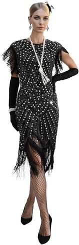 فساتين LELOVEFU للسيدات من العشرينيات من القرن العشرين مستوحاة من الشرابة والترتر للحفلات الراقصة مع مجموعة إكسسوارات 20s in Kuwait