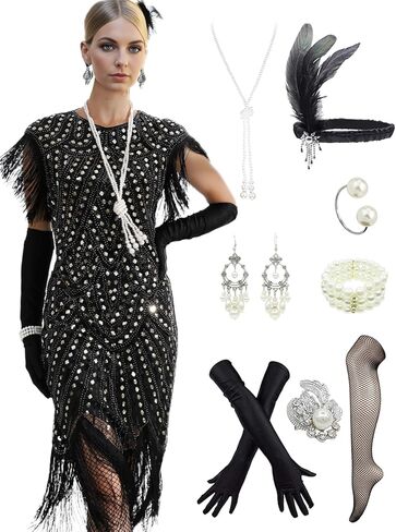 فساتين LELOVEFU للسيدات من العشرينيات من القرن العشرين مستوحاة من الشرابة والترتر للحفلات الراقصة مع مجموعة إكسسوارات 20s in Kuwait