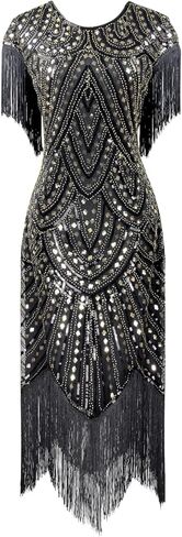 فساتين LELOVEFU للسيدات من العشرينيات من القرن العشرين مستوحاة من الشرابة والترتر للحفلات الراقصة مع مجموعة إكسسوارات 20s in Kuwait