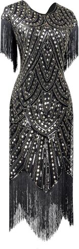 فساتين LELOVEFU للسيدات من العشرينيات من القرن العشرين مستوحاة من الشرابة والترتر للحفلات الراقصة مع مجموعة إكسسوارات 20s in Kuwait