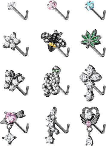 Drperfect 12Pcs 20G Nose Rings Studs L Shaped Dangle Nose Rings for Women Stainless Steel CZ Heart Snake Flower Butterfly Assorted Nose Nostrial Piercing Jewelry in Kuwait
