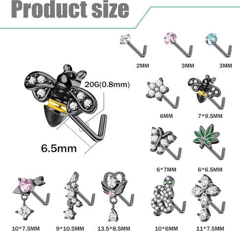 Drperfect 12Pcs 20G Nose Rings Studs L Shaped Dangle Nose Rings for Women Stainless Steel CZ Heart Snake Flower Butterfly Assorted Nose Nostrial Piercing Jewelry in Kuwait