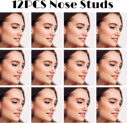 Drperfect 12Pcs 20G Nose Rings Studs L Shaped Dangle Nose Rings for Women Stainless Steel CZ Heart Snake Flower Butterfly Assorted Nose Nostrial Piercing Jewelry in Kuwait