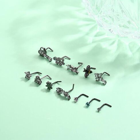 Drperfect 12Pcs 20G Nose Rings Studs L Shaped Dangle Nose Rings for Women Stainless Steel CZ Heart Snake Flower Butterfly Assorted Nose Nostrial Piercing Jewelry in Kuwait