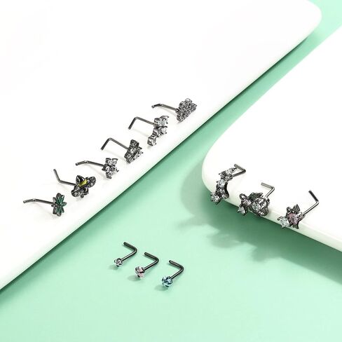 Drperfect 12Pcs 20G Nose Rings Studs L Shaped Dangle Nose Rings for Women Stainless Steel CZ Heart Snake Flower Butterfly Assorted Nose Nostrial Piercing Jewelry in Kuwait