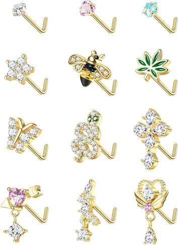 Drperfect 12Pcs 20G Nose Rings Studs L Shaped Dangle Nose Rings for Women Stainless Steel CZ Heart Snake Flower Butterfly Assorted Nose Nostrial Piercing Jewelry in Kuwait