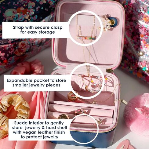 منظم المجوهرات الأساسيات للحفلات المعبأة؛ تخزين الأزياء الصغيرة للنساء والفتيات للخواتم والقلائد والأقراط؛ مظهر عصري للسيدات في المدرسة أو العمل أو السفر أو في المنزل؛ الأزرق الداكن in Kuwait