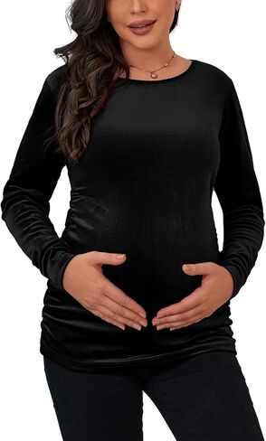 جينكانا خمر الأمومة المخملية القمم قمصان طويلة الأكمام Ruched الجانبين الدافئة القطيفة الحمل المحملة الخريف الأمومة بلوزة الملابس in Kuwait