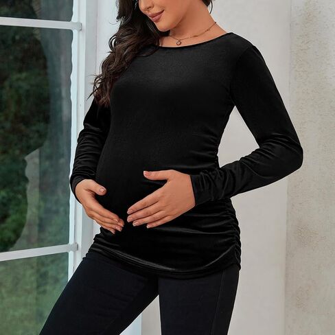جينكانا خمر الأمومة المخملية القمم قمصان طويلة الأكمام Ruched الجانبين الدافئة القطيفة الحمل المحملة الخريف الأمومة بلوزة الملابس in Kuwait