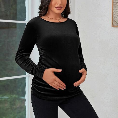 جينكانا خمر الأمومة المخملية القمم قمصان طويلة الأكمام Ruched الجانبين الدافئة القطيفة الحمل المحملة الخريف الأمومة بلوزة الملابس in Kuwait