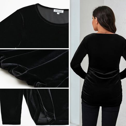 جينكانا خمر الأمومة المخملية القمم قمصان طويلة الأكمام Ruched الجانبين الدافئة القطيفة الحمل المحملة الخريف الأمومة بلوزة الملابس in Kuwait