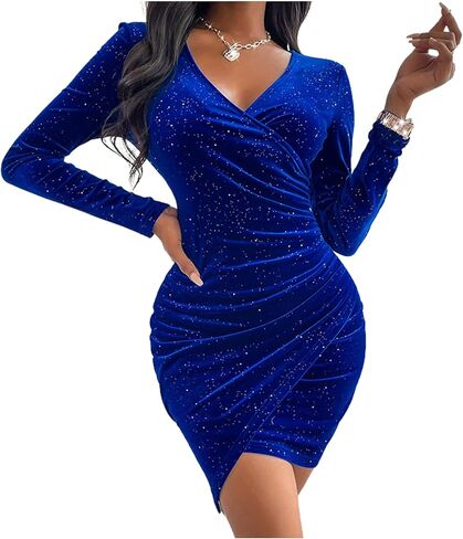 فستان Darupo النسائي ذو الترتر المخملي الملفوف برقبة على شكل حرف V قصير أنيق بأكمام طويلة للحفلات والنوادي وحفلات الكوكتيل in Kuwait