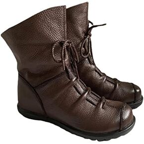 pearlzone Women’s Genuine Leather Casual Soft Flat Boots,Renaissance Natural Leather Handmade Historical Shoes