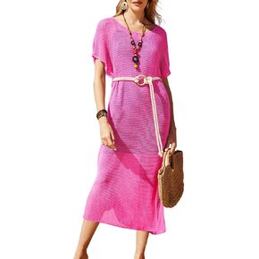 VOTEPRETTY Womens Two Piece Cover Ups Sets Crochet Beach Vacation Summer Swimwear Short Sleeve Outfits Split Knit Long Dress in Kuwait