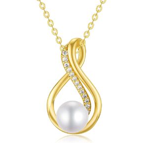 14K Yellow Gold Pearl Necklace for Women Girls, Real Gold Pearl Pendant Necklace Mother's Day Pearl Jewelry for Mom, Wife, Grandma, 16"-18" in Kuwait