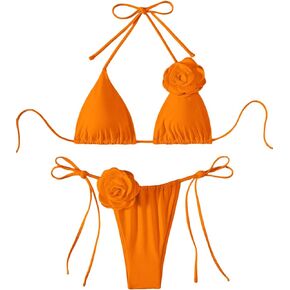 OYOANGLE Women's Bikini Set 2 Piece Floral Appliques Tie Backless Halter Triangle Swimsuit Tie Side Bathing Suits