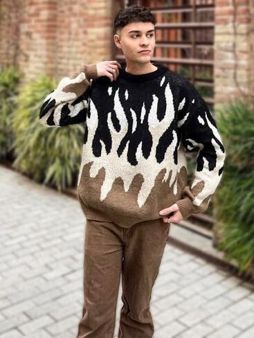 ZAFUL Men's Oversized Sweater Y2K Aesthetic Flame Graphic Crewneck Knit Pullover Unisex Casual Sweaters in Saudi Arabia