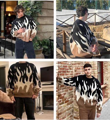 ZAFUL Men's Oversized Sweater Y2K Aesthetic Flame Graphic Crewneck Knit Pullover Unisex Casual Sweaters in Saudi Arabia