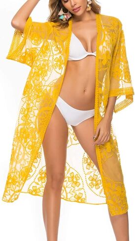 TISDEN Women's Lace Cardigan Floral Crochet Sheer Beach Cover Ups Long Kimono Bikini Bathing Suit in Kuwait