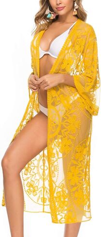 TISDEN Women's Lace Cardigan Floral Crochet Sheer Beach Cover Ups Long Kimono Bikini Bathing Suit in Kuwait