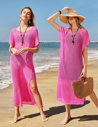 VOTEPRETTY Womens Two Piece Cover Ups Sets Crochet Beach Vacation Summer Swimwear Short Sleeve Outfits Split Knit Long Dress in Kuwait