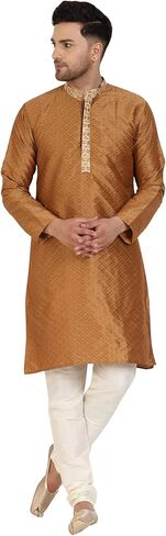 SKAVIJ Men's Art Silk Kurta Pajama Indian Traditional Suit Annivarsary Party Dress Set in Kuwait
