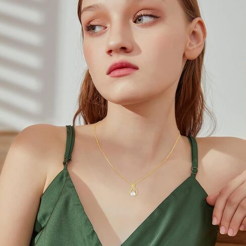 14K Yellow Gold Pearl Necklace for Women Girls, Real Gold Pearl Pendant Necklace Mother's Day Pearl Jewelry for Mom, Wife, Grandma, 16"-18" in Saudi Arabia