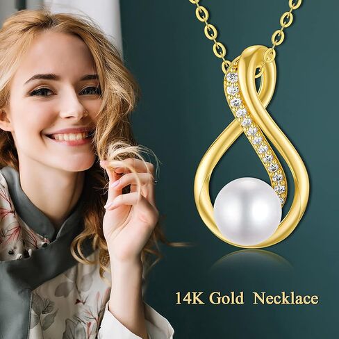 14K Yellow Gold Pearl Necklace for Women Girls, Real Gold Pearl Pendant Necklace Mother's Day Pearl Jewelry for Mom, Wife, Grandma, 16"-18" in Saudi Arabia