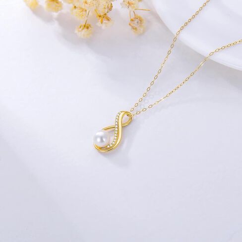 14K Yellow Gold Pearl Necklace for Women Girls, Real Gold Pearl Pendant Necklace Mother's Day Pearl Jewelry for Mom, Wife, Grandma, 16"-18" in Saudi Arabia