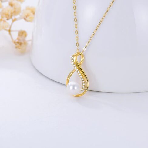 14K Yellow Gold Pearl Necklace for Women Girls, Real Gold Pearl Pendant Necklace Mother's Day Pearl Jewelry for Mom, Wife, Grandma, 16"-18" in Saudi Arabia