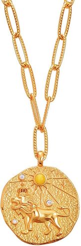 AUROZIA 12 Constellation Necklace Lucky Zodiac Personalized Necklace 18K Heavy Gold Plated Paperclip Chain Necklace with Crystals and Gemstones Double Sided Coin Necklace Birthday Day Gifts for Women Girls in Saudi Arabia