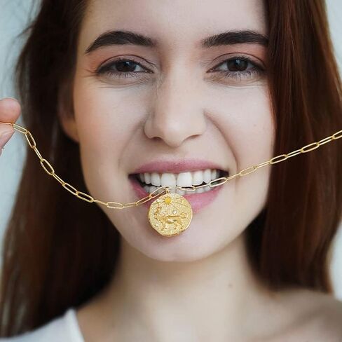 AUROZIA 12 Constellation Necklace Lucky Zodiac Personalized Necklace 18K Heavy Gold Plated Paperclip Chain Necklace with Crystals and Gemstones Double Sided Coin Necklace Birthday Day Gifts for Women Girls in Saudi Arabia
