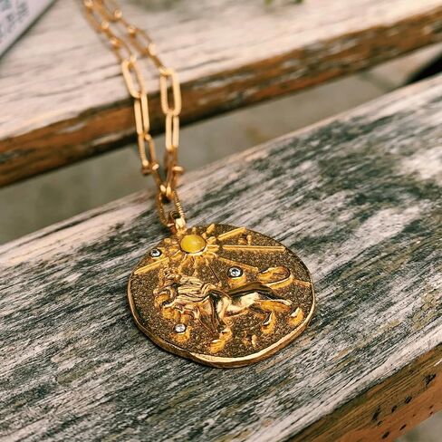 AUROZIA 12 Constellation Necklace Lucky Zodiac Personalized Necklace 18K Heavy Gold Plated Paperclip Chain Necklace with Crystals and Gemstones Double Sided Coin Necklace Birthday Day Gifts for Women Girls in Saudi Arabia