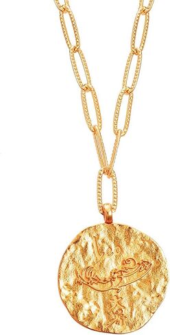 AUROZIA 12 Constellation Necklace Lucky Zodiac Personalized Necklace 18K Heavy Gold Plated Paperclip Chain Necklace with Crystals and Gemstones Double Sided Coin Necklace Birthday Day Gifts for Women Girls in Saudi Arabia
