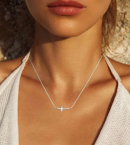 Beaux Bijoux Sterling Silver 14k Gold Plated Sideways Cross Necklace | Confirmation and Communion Gifts for Girls | Curved Cross Pendant for Women in Saudi Arabia