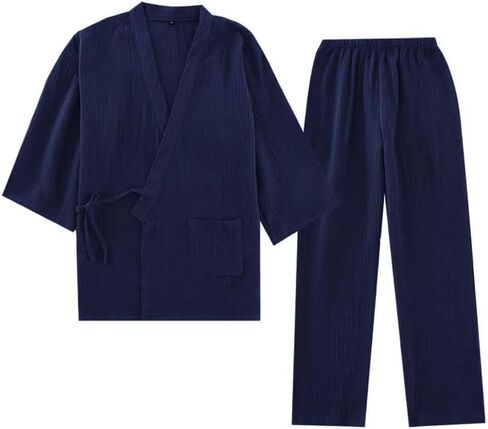 Fendawn Strive Classical Japanese Style Men Cotton Bathrobe Pajamas Kimono Casual Clothes, Navy Blue in Saudi Arabia