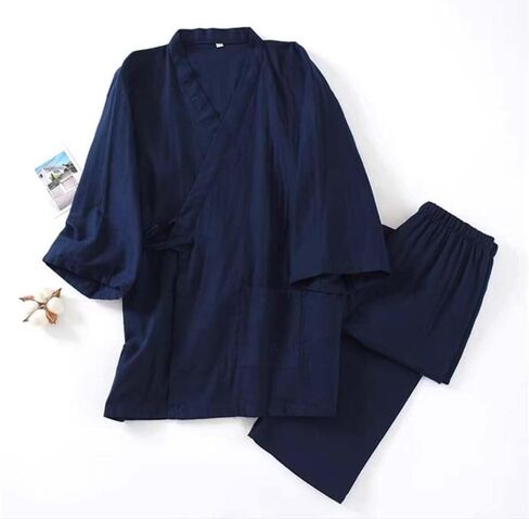 Fendawn Strive Classical Japanese Style Men Cotton Bathrobe Pajamas Kimono Casual Clothes, Navy Blue in Saudi Arabia