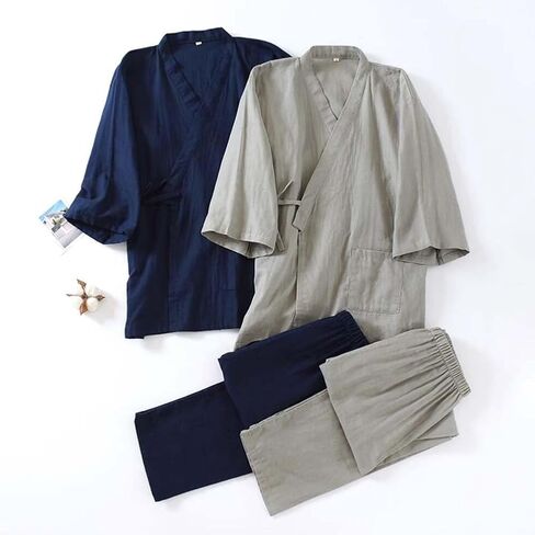 Fendawn Strive Classical Japanese Style Men Cotton Bathrobe Pajamas Kimono Casual Clothes, Navy Blue in Saudi Arabia
