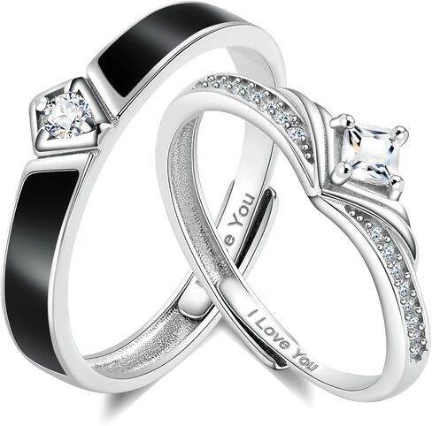 ANAZOZ Couples Rings for Him and Her Set, S925 Sterling Silver Promise Ring Set 2PCS Adjustable Black and White Wedding Bands with Custom Engraved in Kuwait