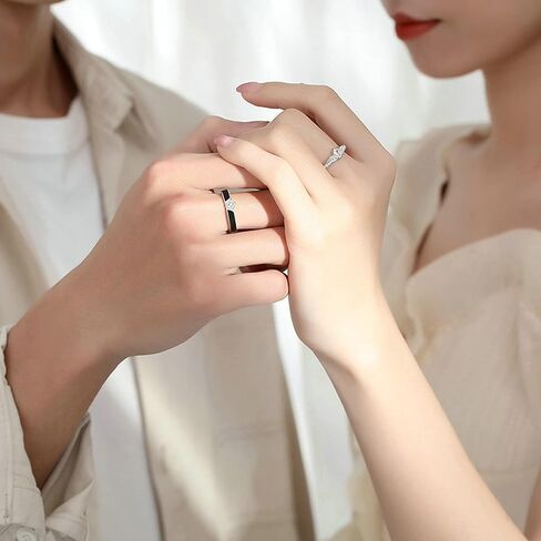 ANAZOZ Couples Rings for Him and Her Set, S925 Sterling Silver Promise Ring Set 2PCS Adjustable Black and White Wedding Bands with Custom Engraved in Kuwait