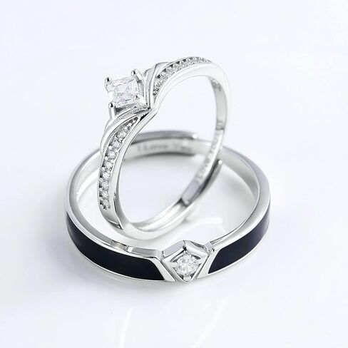 ANAZOZ Couples Rings for Him and Her Set, S925 Sterling Silver Promise Ring Set 2PCS Adjustable Black and White Wedding Bands with Custom Engraved in Kuwait