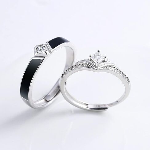 ANAZOZ Couples Rings for Him and Her Set, S925 Sterling Silver Promise Ring Set 2PCS Adjustable Black and White Wedding Bands with Custom Engraved in Kuwait