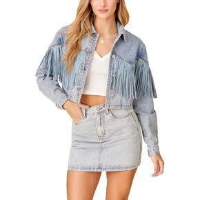 Oulivey Cropped Rhinestone Fringe Denim Jacket for Women Long Sleeve Cowgirl Tassel Jean Jackets in Saudi Arabia