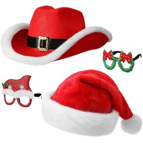 Eurzom 4 Pcs Christmas Party Hat and Glasses Frames Set Santa Cowboy Hat Green Christmas Wreath Red Santa Hat Christmas Glasses Western Holiday Hat Xmas Party Costume for Adults Couple Family in Saudi Arabia