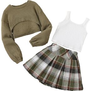 OYOANGLE Girl's 3 Piece Outfit Tank Top and Plaid Pleated Skirt with High Low Hem Crop Shirt Set